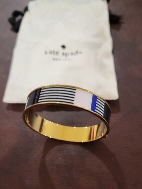 Kate Spade Gold-Tone Bangle with Black, White & Blue Enamel Stripes